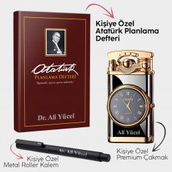 Kişiye Özel - Gazi Paşa Bordo Planlama Defteri  - Retro Piano Black Saatli Çakmak - Metal Roller Kalem