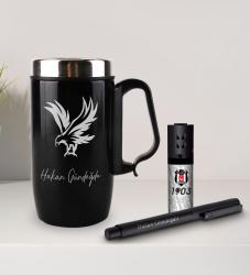 Kişiye Özel Kulplu Çelik Termos Bardak Mug 240ml - Metal Roller Kalem - Turbo Taraftar Çakmak Beşiktaş-1