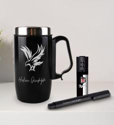 Kişiye Özel Kulplu Çelik Termos Bardak Mug 240ml - Metal Roller Kalem - Turbo Taraftar Çakmak Beşiktaş-3