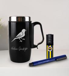 Kişiye Özel Kulplu Çelik Termos Bardak Mug 240ml - Metal Roller Kalem - Turbo Taraftar Çakmak Fenerbahçe-2