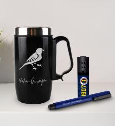 Kişiye Özel Kulplu Çelik Termos Bardak Mug 240ml - Metal Roller Kalem - Turbo Taraftar Çakmak Fenerbahçe-3