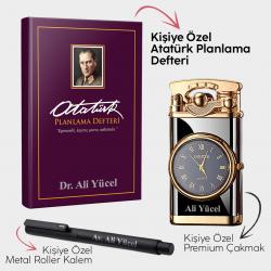 Kişiye Özel - Önder Mor Planlama Defteri  - Retro Piano Black Saatli Çakmak - Metal Roller Kalem