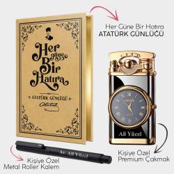 Kişiye Özel - Retro Piano Black Saatli Çakmak - Metal Roller Kalem ve Atatürk Günlüğü