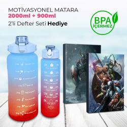 Motivasyonel 2 Litre Su Matarası (Yavrulu) - BPA Free - 2000ml + 900ml 2 Defter Mavi - Turuncu