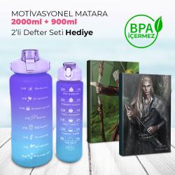 Motivasyonel 2 Litre Su Matarası (Yavrulu) - BPA Free - 2000ml + 900ml 2 Defter Mor - Mavi