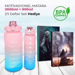 Motivasyonel 2 Litre Su Matarası (Yavrulu) - BPA Free - 2000ml + 900ml 2 Defter Pembe - Mavi
