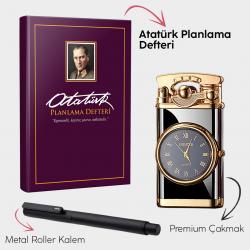 Önder Mor Planlama Defteri  - Retro Piano Black Saatli Çakmak - Metal Roller Kalem