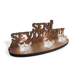 Seni Seviyorum Ahşap Stand, Oval Ayaklı 3'lü Cam T-Light'lı HK0236