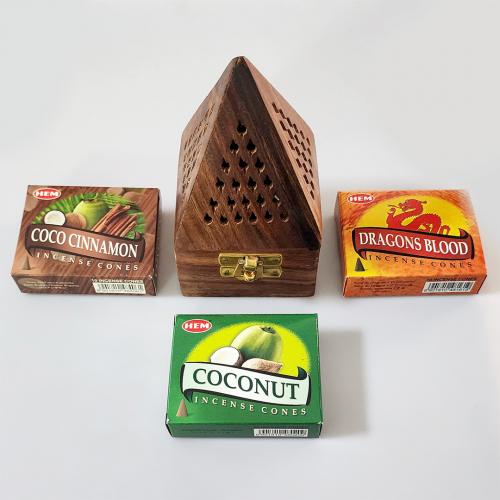 Ahşap Piramit Konik Tütsülük ve 30lu Hem Konik Tütsü - Coconut - Dragons Blood - Coco Cinnamon