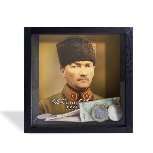 Camlı Ahşap Kumbara Kalpaklı Atatürk "Siyah" - Halkkitabevi