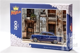 Havana Sokağı ve Mavi Plymouth (500 Parça) - Ahşap Puzzle Taşıt Serisi - (TT06-D)