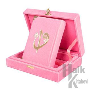 Kadife Kutulu Kur'an-ı Kerim (Büyük Cep Boy, Elif-Vavlı, Pembe) (Ciltli)