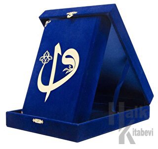 Kadife Kutulu Kur'an-ı Kerim (Rahle Boy, Elif-Vavlı, Koyu Mavi) (Ciltli)
