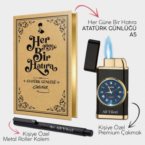 Kişiye Özel - Mat Siyah Saatli Çakmak - Metal Roller Kalem ve Atatürk Günlüğü A5