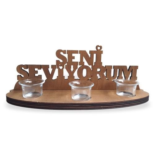 Seni Seviyorum Ahşap Stand, Oval Ayaklı 3'lü Cam T-Light'lı - Halkkita