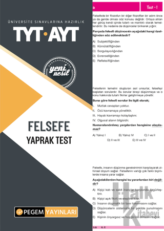 Tyt-Ayt Felsefe Yaprak Test